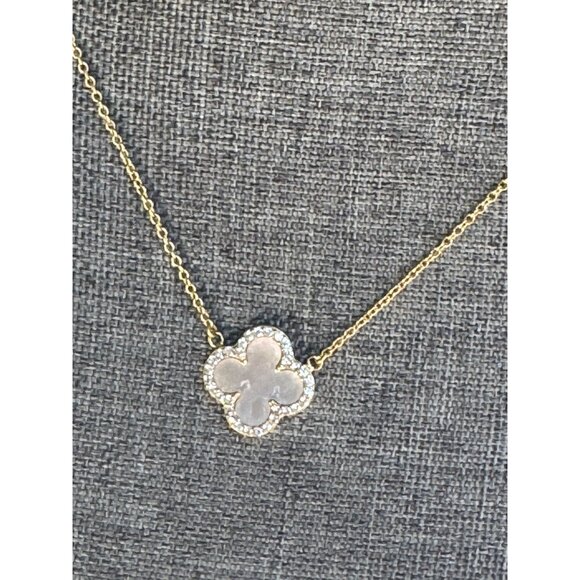 Gold-Plated Clover Pendant Necklace With Mother-Of-Pearl Inlay & Rhinestone Acce - Picture 6 of 6